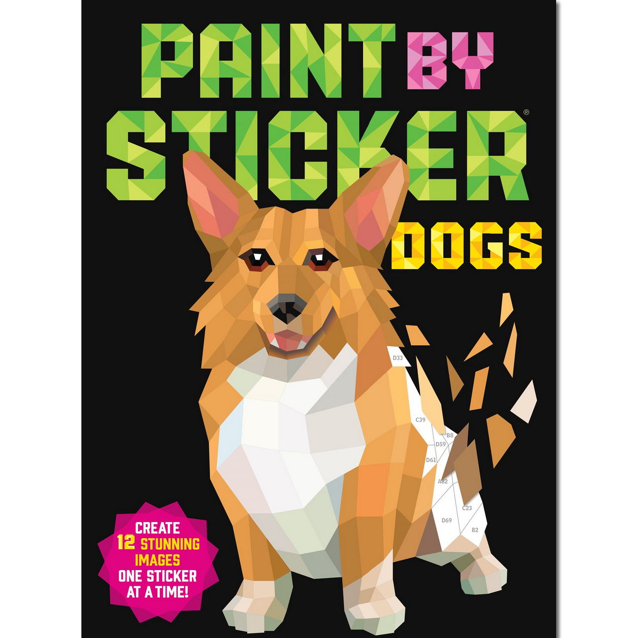 Book cover of 'Paint by Sticker Dogs' with a dog illustration and colorful text.