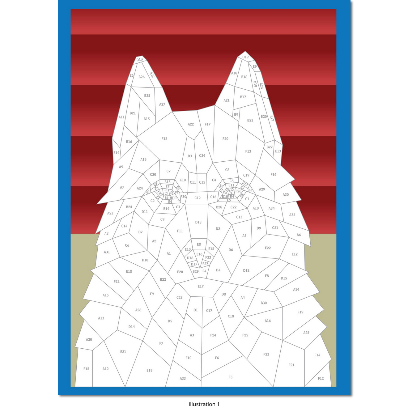 Geometric dog illustration on a red and blue striped background