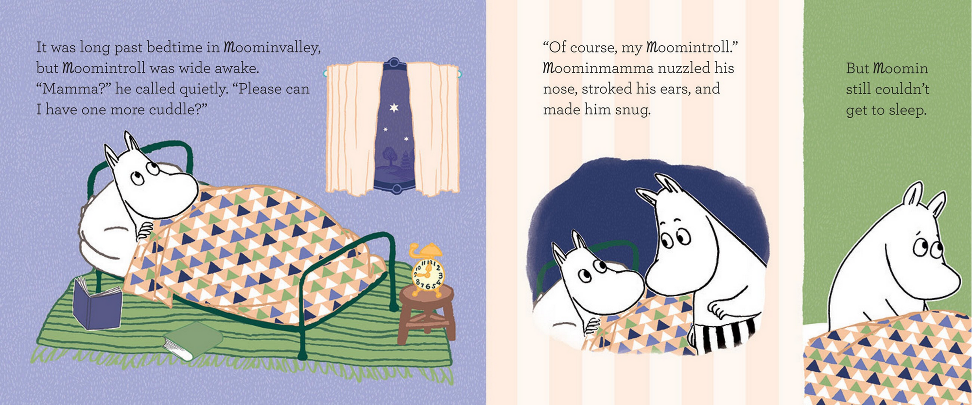Illustrations of Moomin characters in a bedtime scenario with text.