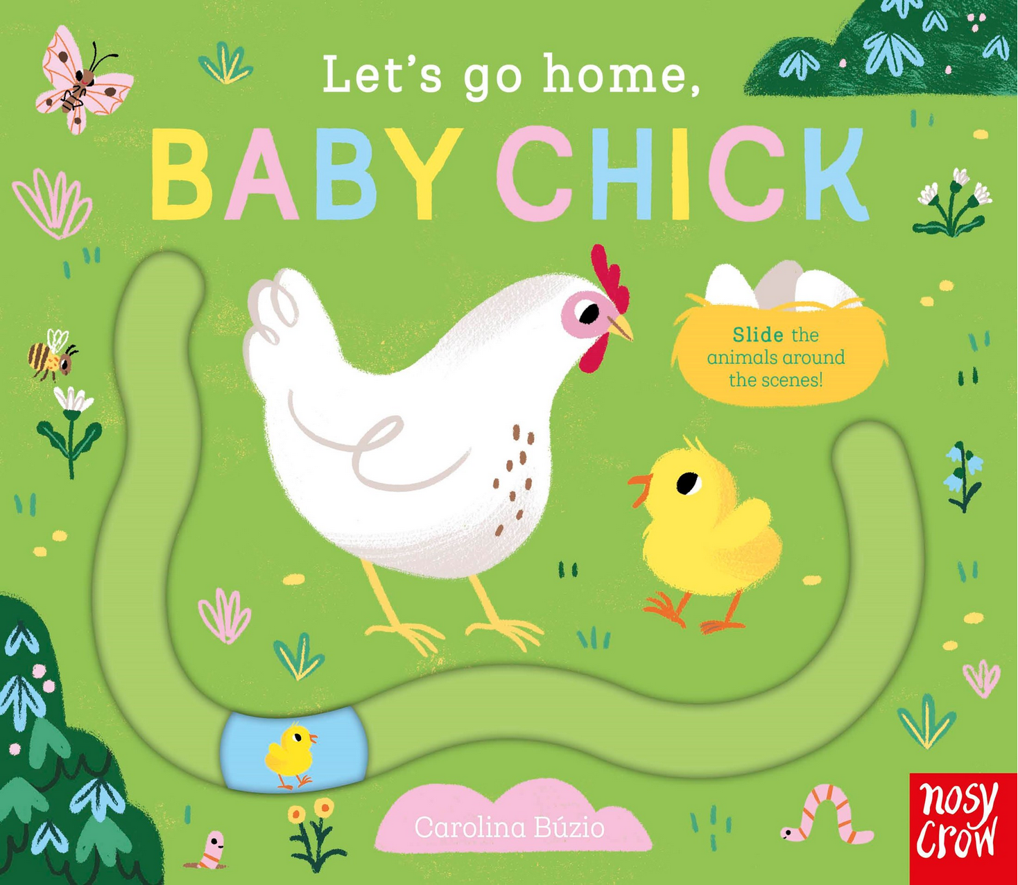 Book cover of 'Let's go home, Baby Chick' with illustrations of a chicken and chick on a green background.