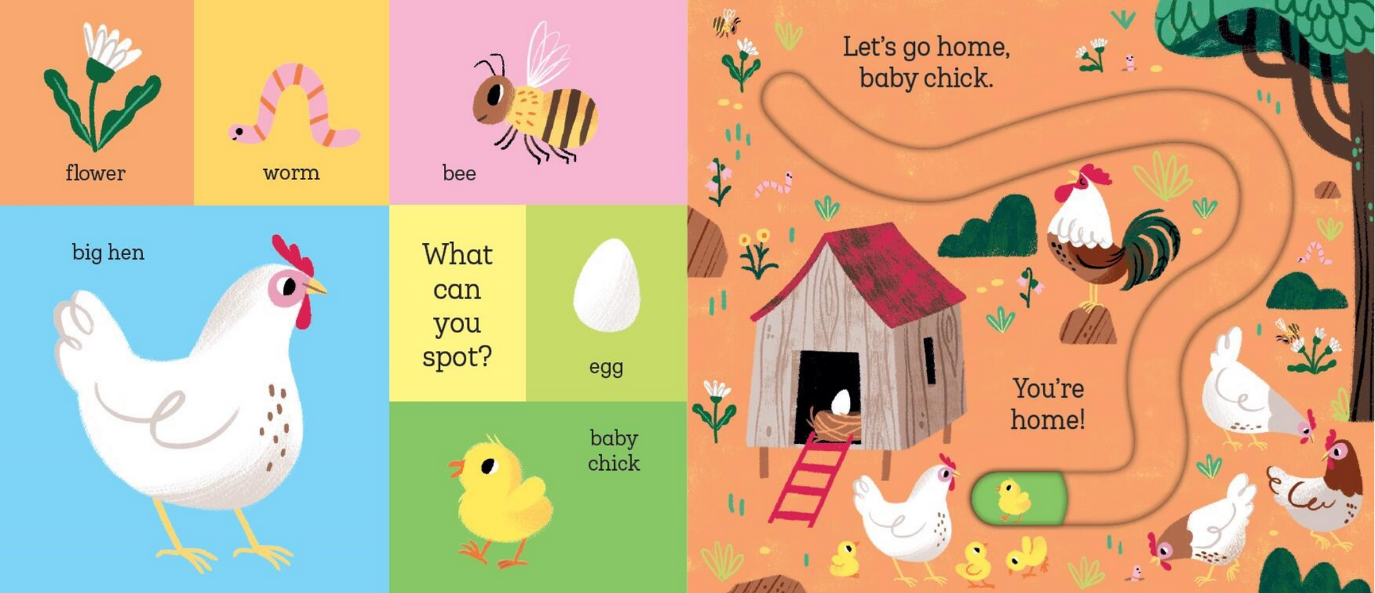 Children's book page with illustrations of a chicken, chick, and farm animals.