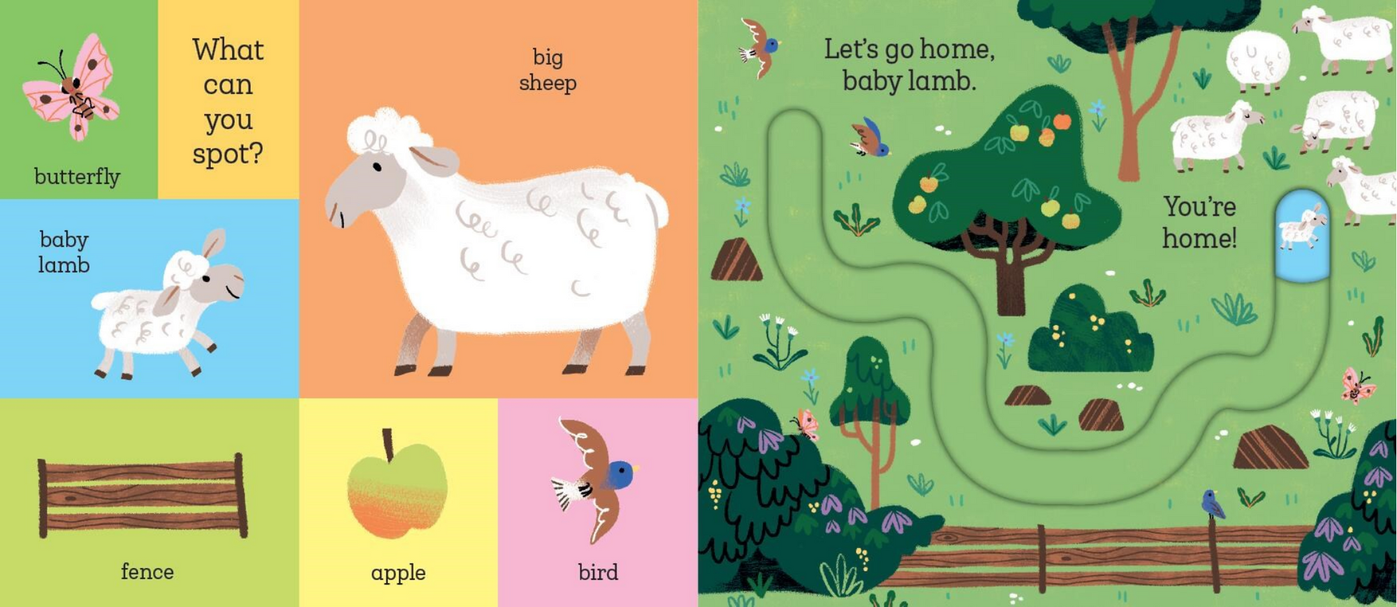Children's book page with illustrations of a lamb, butterfly, apple, and bird on a colorful background.