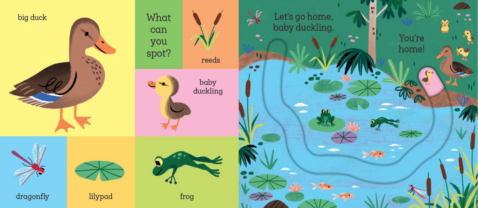 Children's book page with illustrations of a duck family and pond scene.