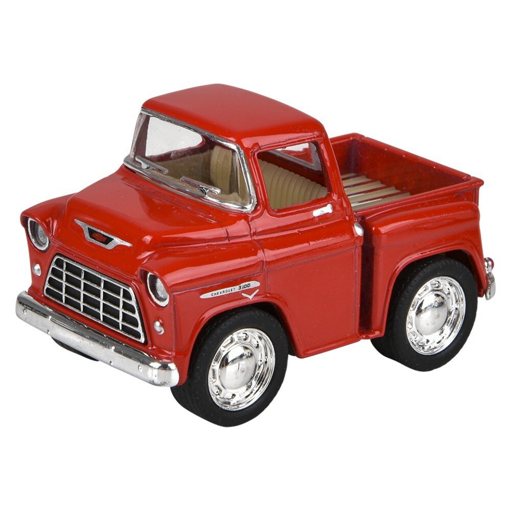 Red vintage-style toy truck on a white background