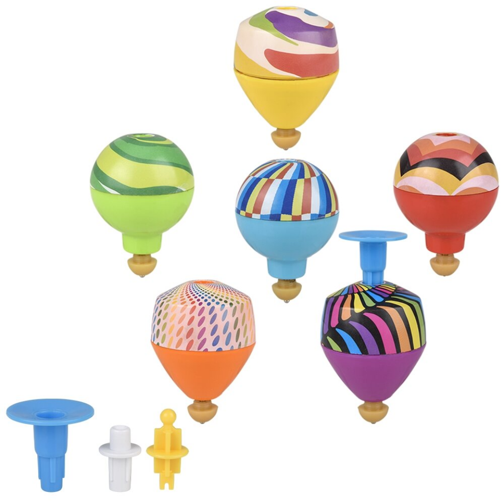 Colorful hot air balloon toys with various patterns on a white background