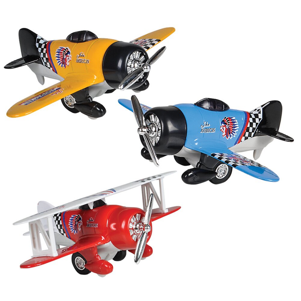 Three toy airplanes in yellow, blue, and red on a white background