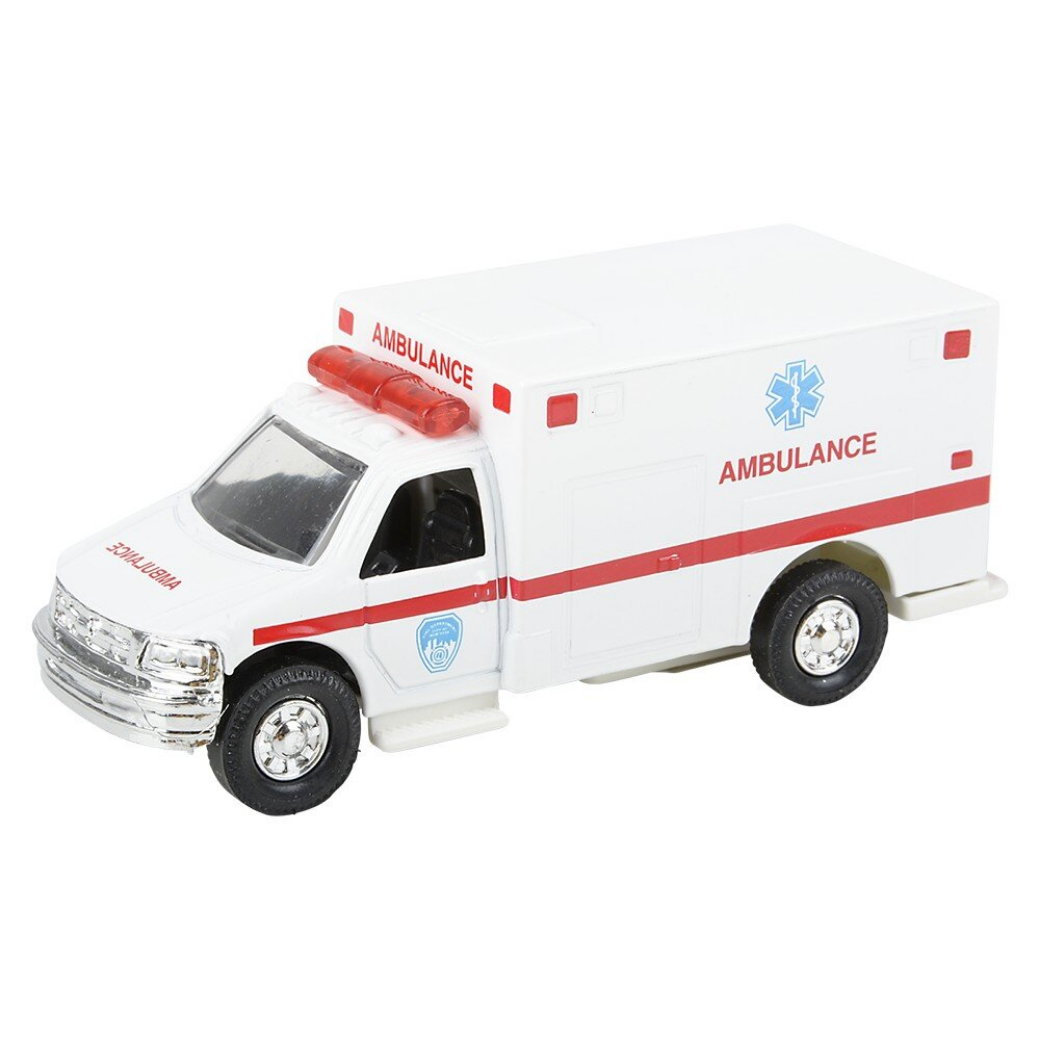 Model ambulance toy with red and blue details on a white background