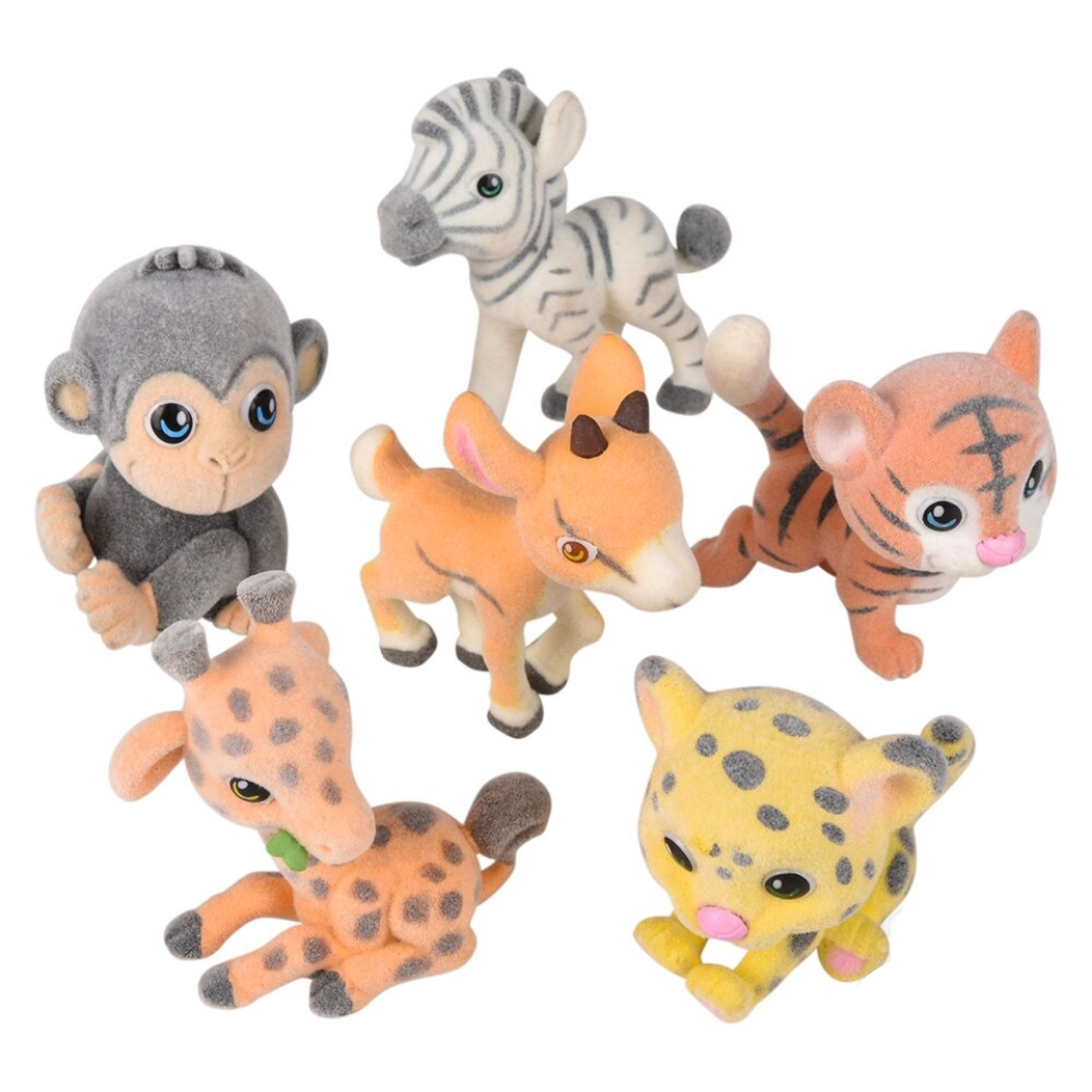Set of plush animal toys including a monkey, zebra, deer, tiger, giraffe, and leopard on a white background.
