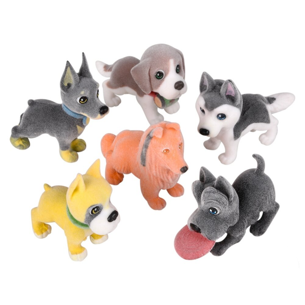 Set of six small dog figurines in various colors on a white background