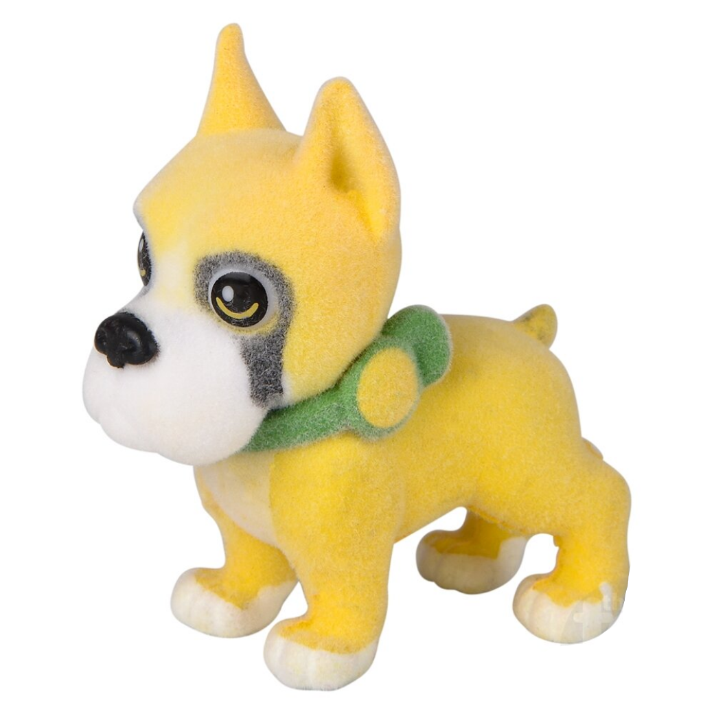 Yellow plush dog toy with a green collar on a white background