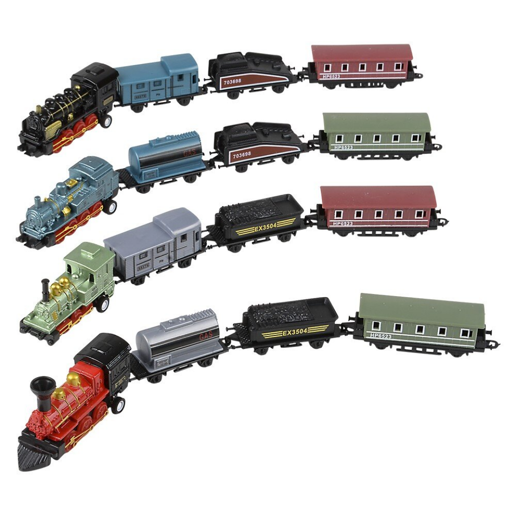 Collection of toy trains with various locomotives and carriages on a white background