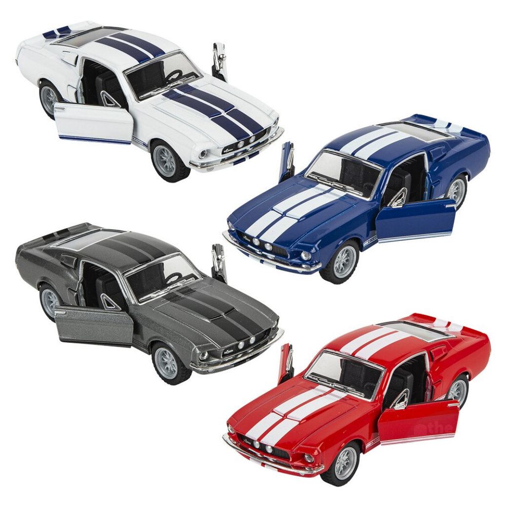 Four model cars in different colors with racing stripes on a white background