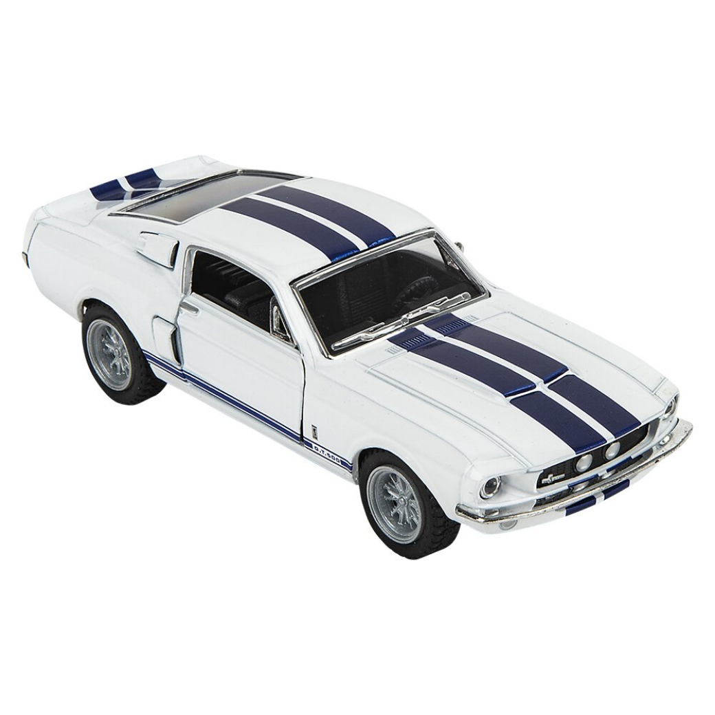 Model car with white body and blue stripes on a white background