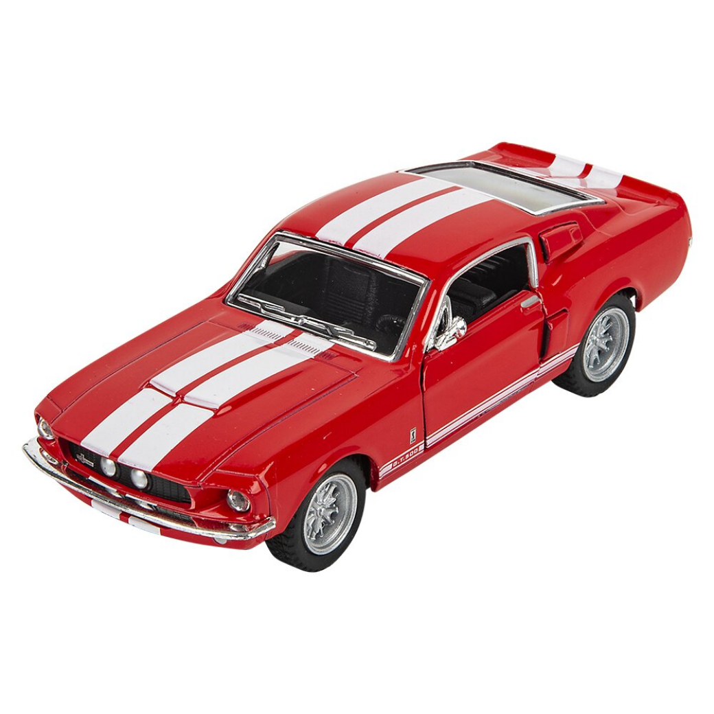 Red model car with white stripes on a white background