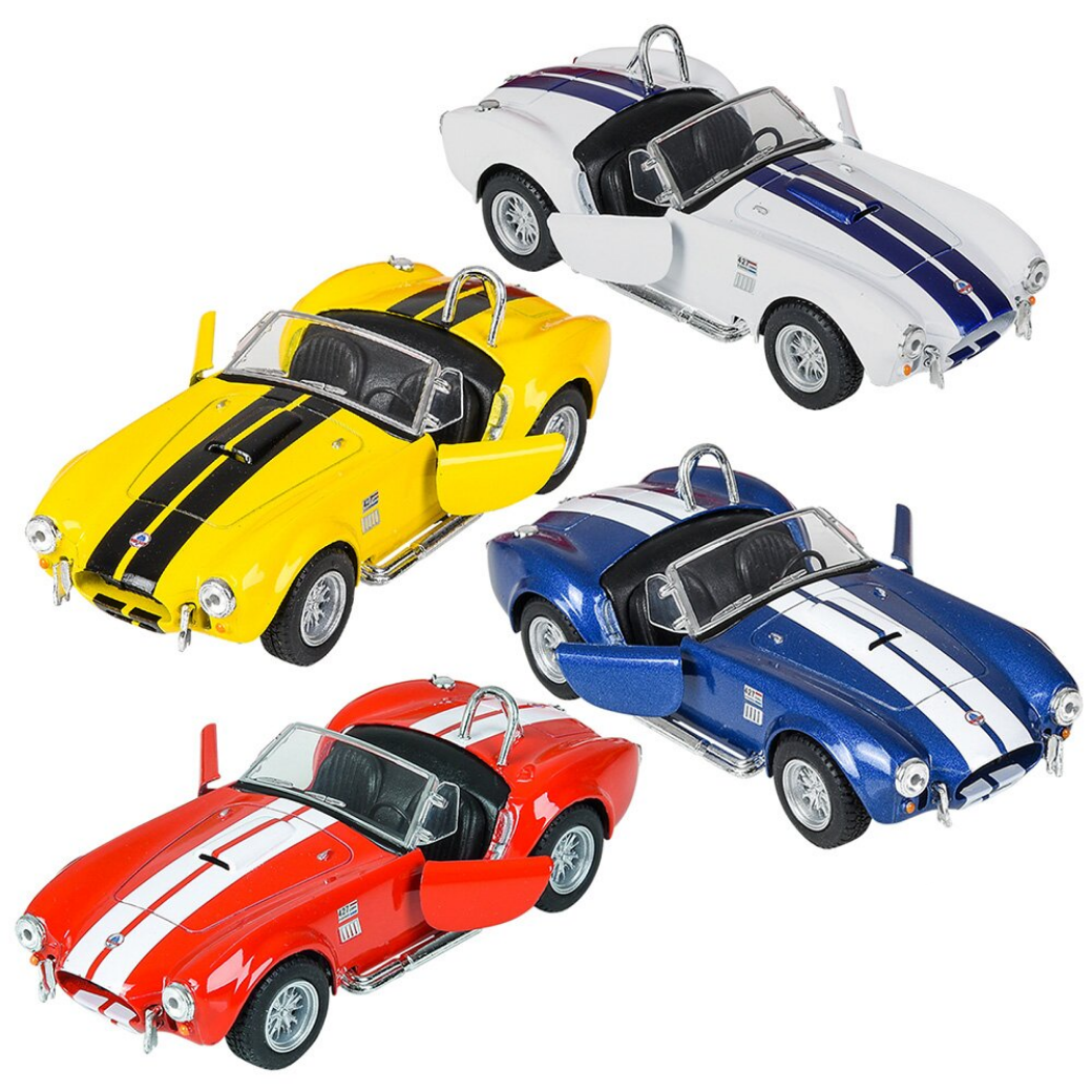 Four model cars in yellow, white, blue, and red on a white background