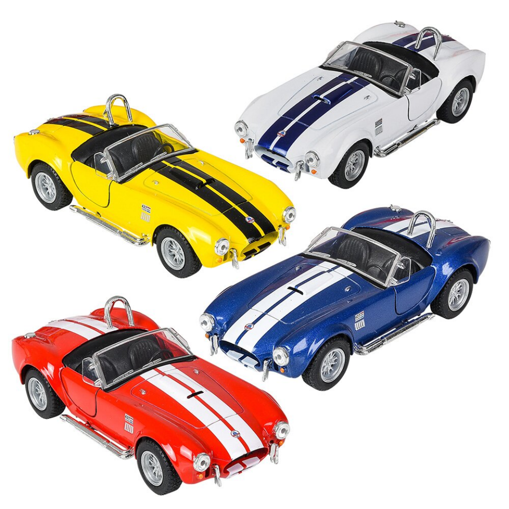 Four model cars in yellow, white, blue, and red on a white background 