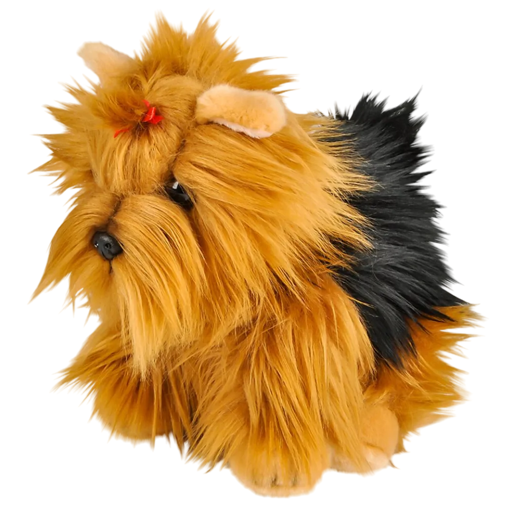 Plush toy resembling a dog with brown fur and black tail on a white background
