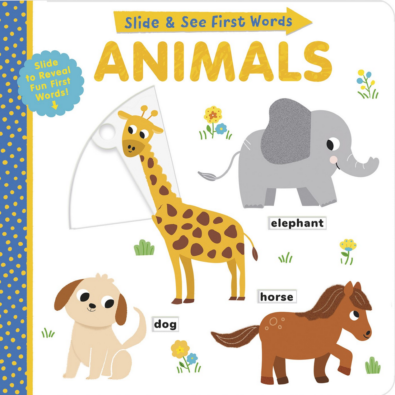 Children's book cover with illustrations of animals and text on a white background