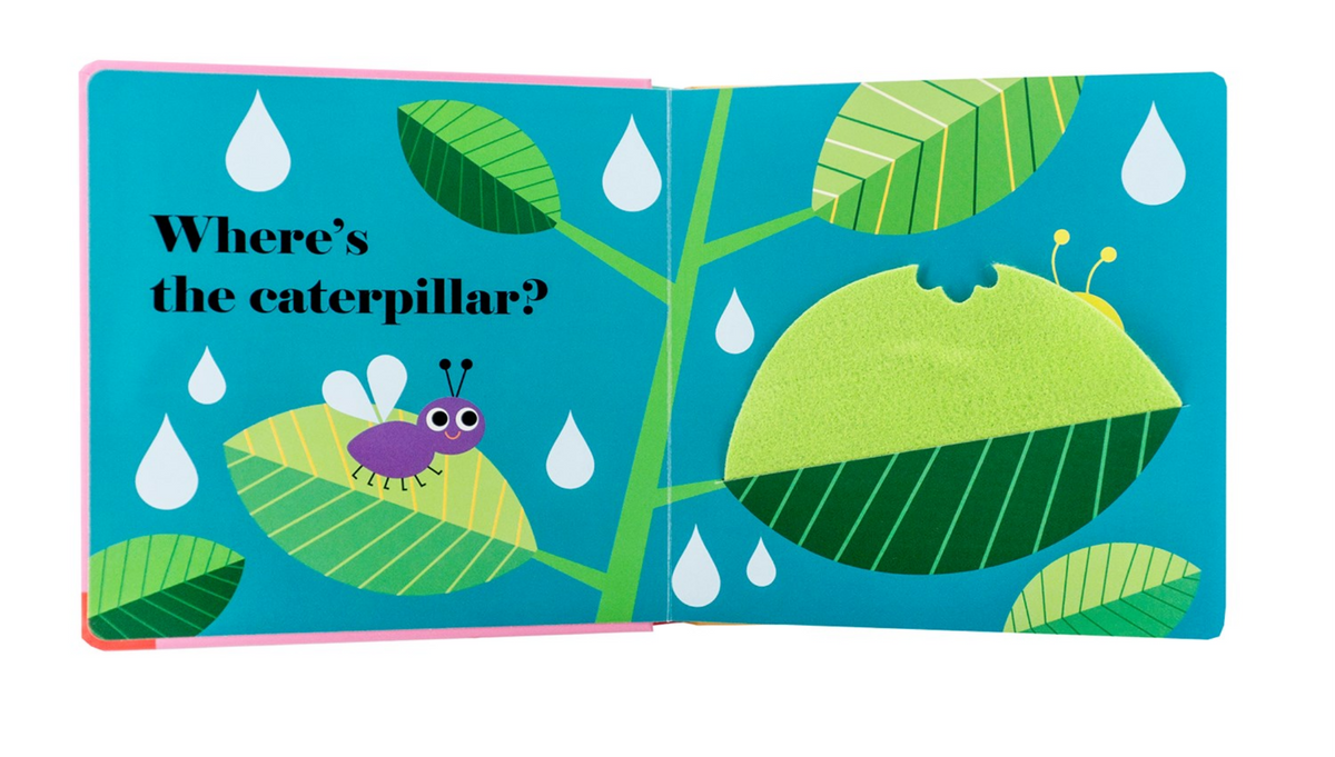 Children's book page with a caterpillar on a leaf and question 'Where's the caterpillar?'