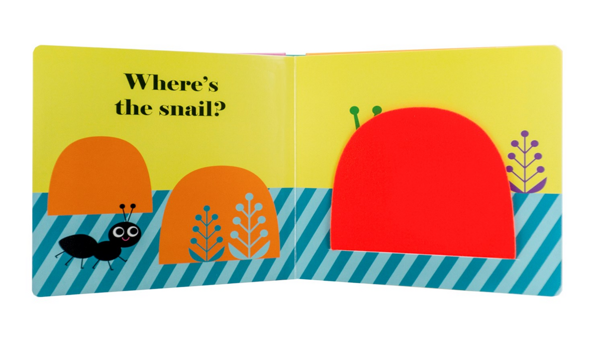 Children's book page with a red snail shell and question 'Where's the snail?' on a yellow background