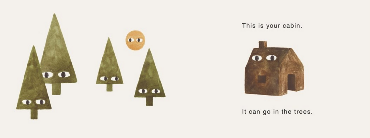 Illustration of trees with eyes and a house, with text indicating the house can go in the trees.