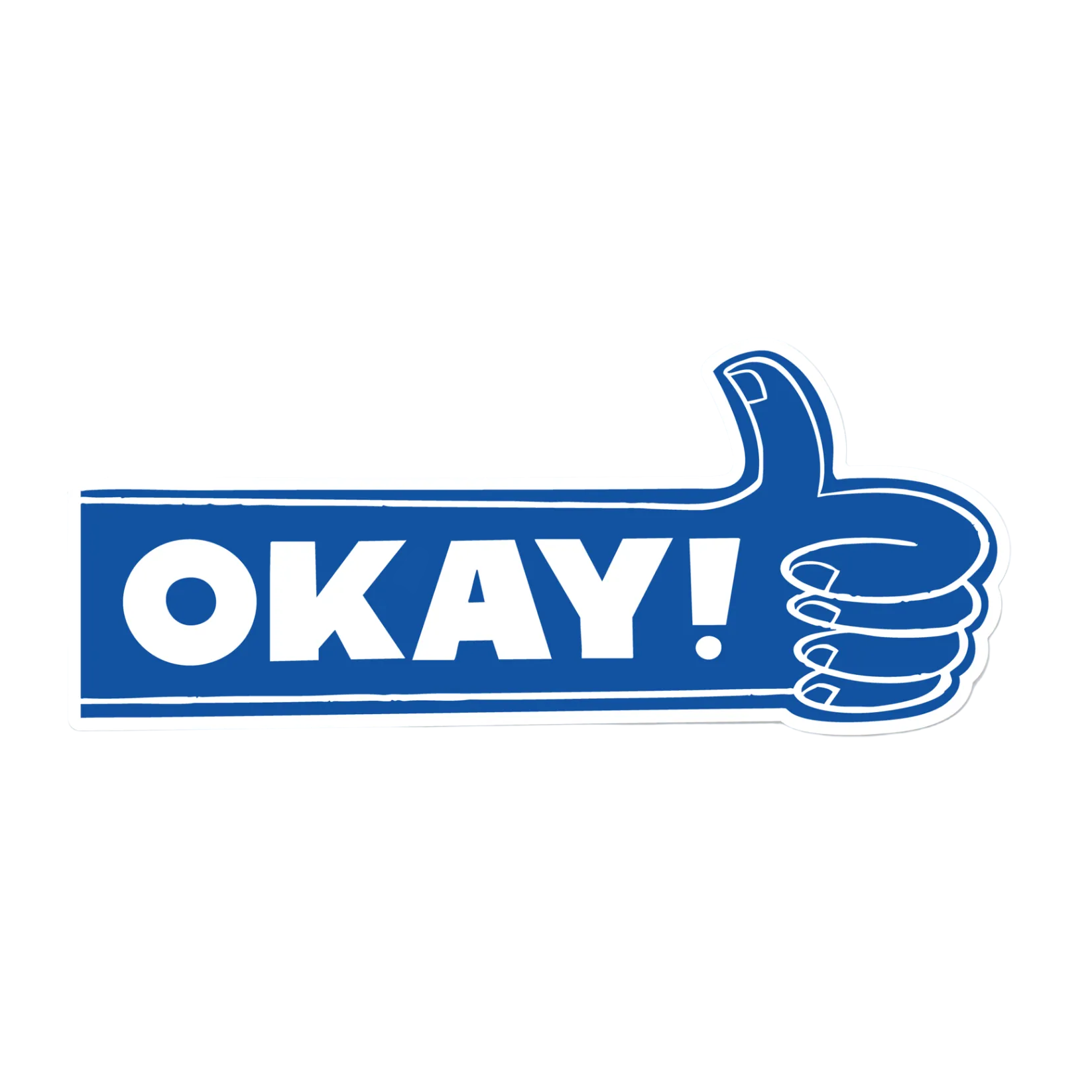  a graphic sticker with a blue hand giving a thumbs up and the word 'OKAY!' on a white background.