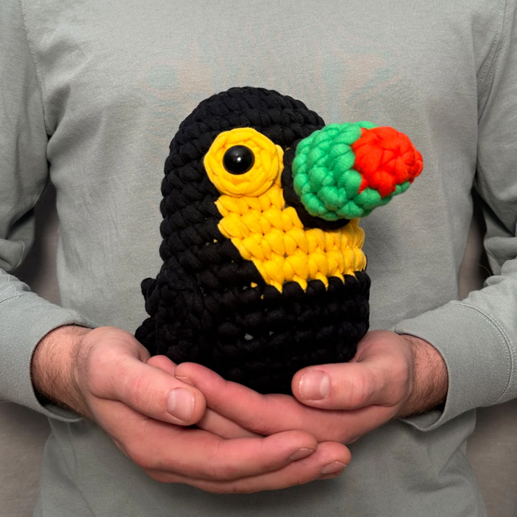Handmade toucan toy held in hands against a neutral background