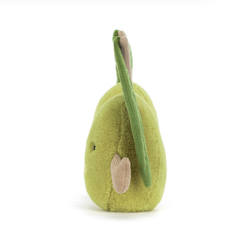 Green plush toy shaped like a pair of olives on a white background