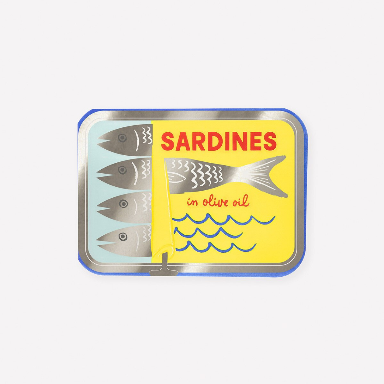 Sardine can with a yellow label and blue background on a white background