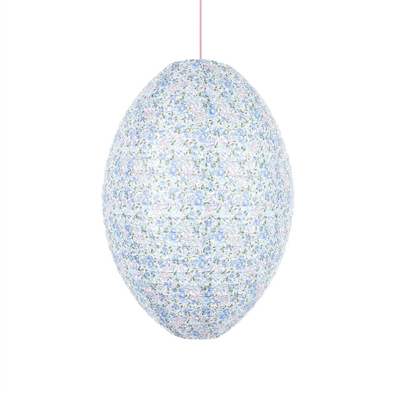 Speckled blue and white pendant light on a white background