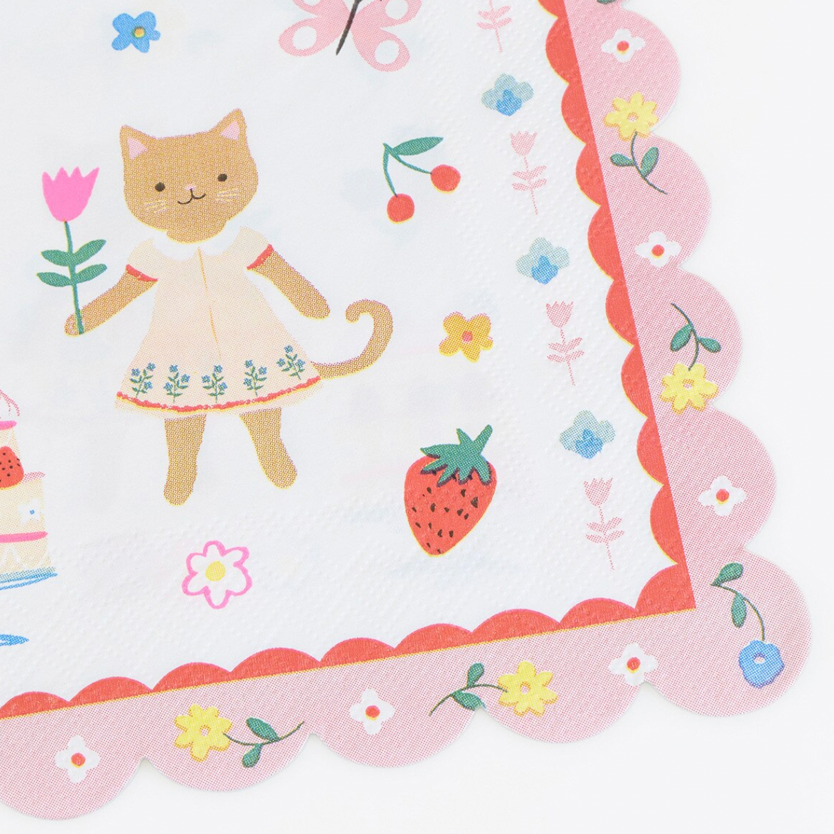 Cartoon cat holding a flower with decorative border on a white background
