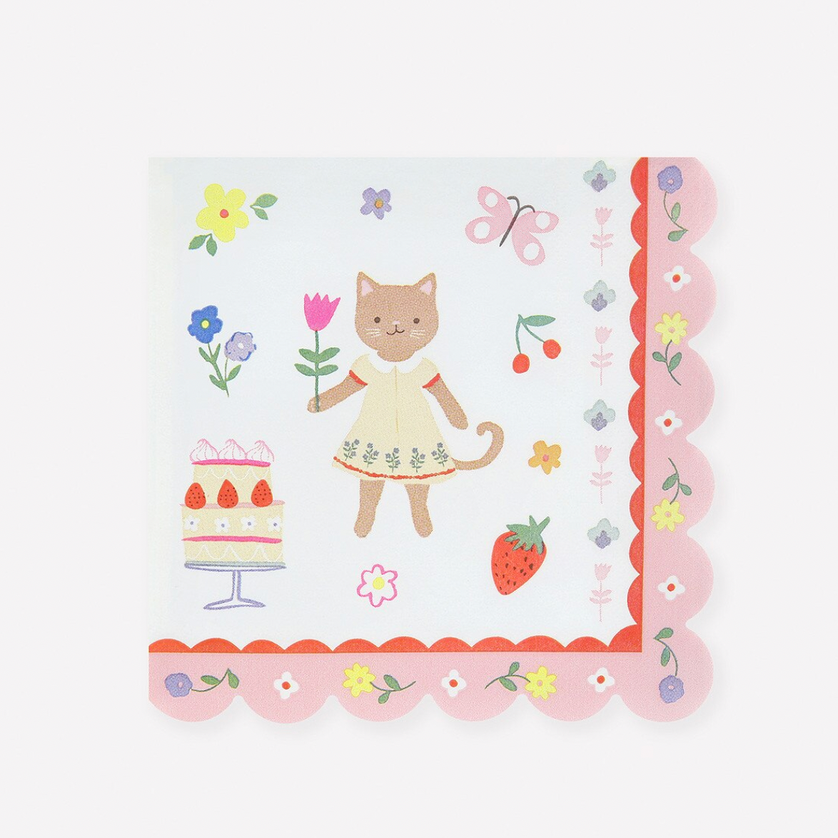 Illustration of a cat, cake, flowers, and strawberry with decorative border on a white background