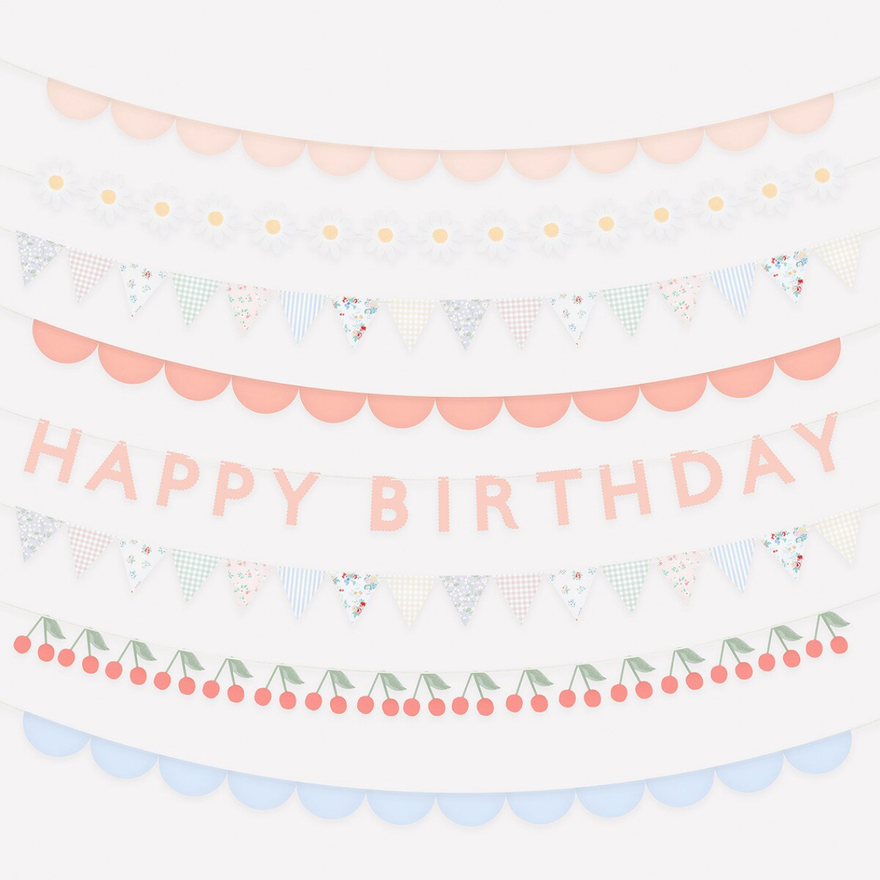 Decorative birthday banner with 'Happy Birthday' text on a white background