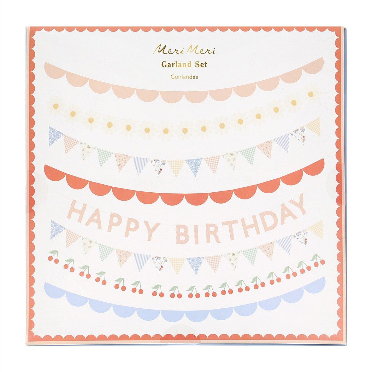 Packaging of a 'Happy Birthday' garland set with colorful designs on a white background.