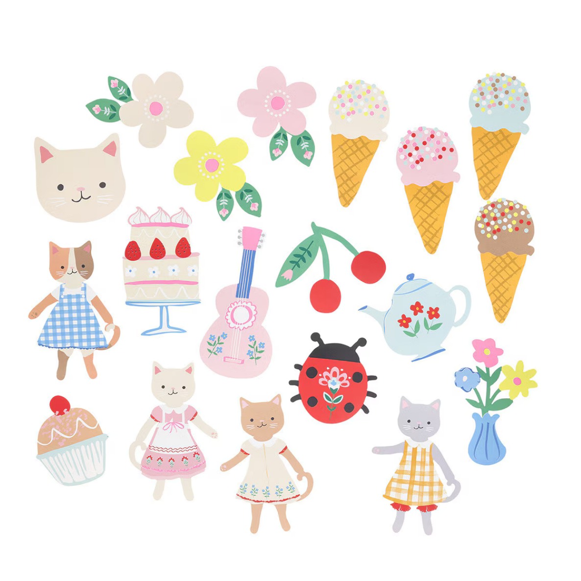 Set of colorful illustrations including cats, flowers, ice cream cones, and other objects on a white background