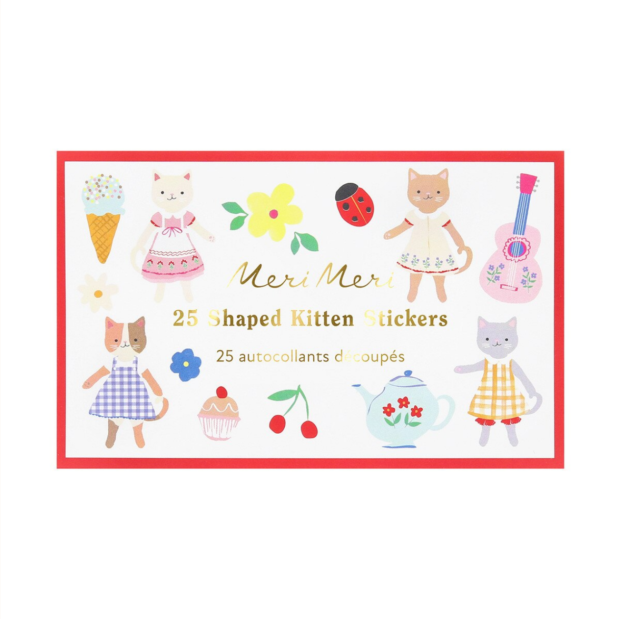 Packaging of Meri Meri shaped kitten stickers with illustrations on a white background