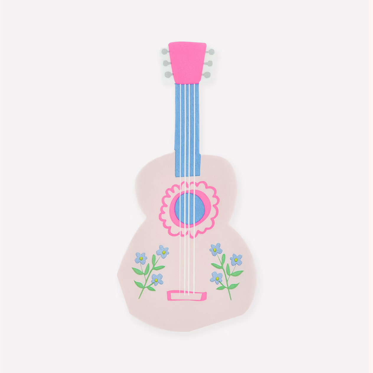 Children's toy guitar with pink and blue design on a white background