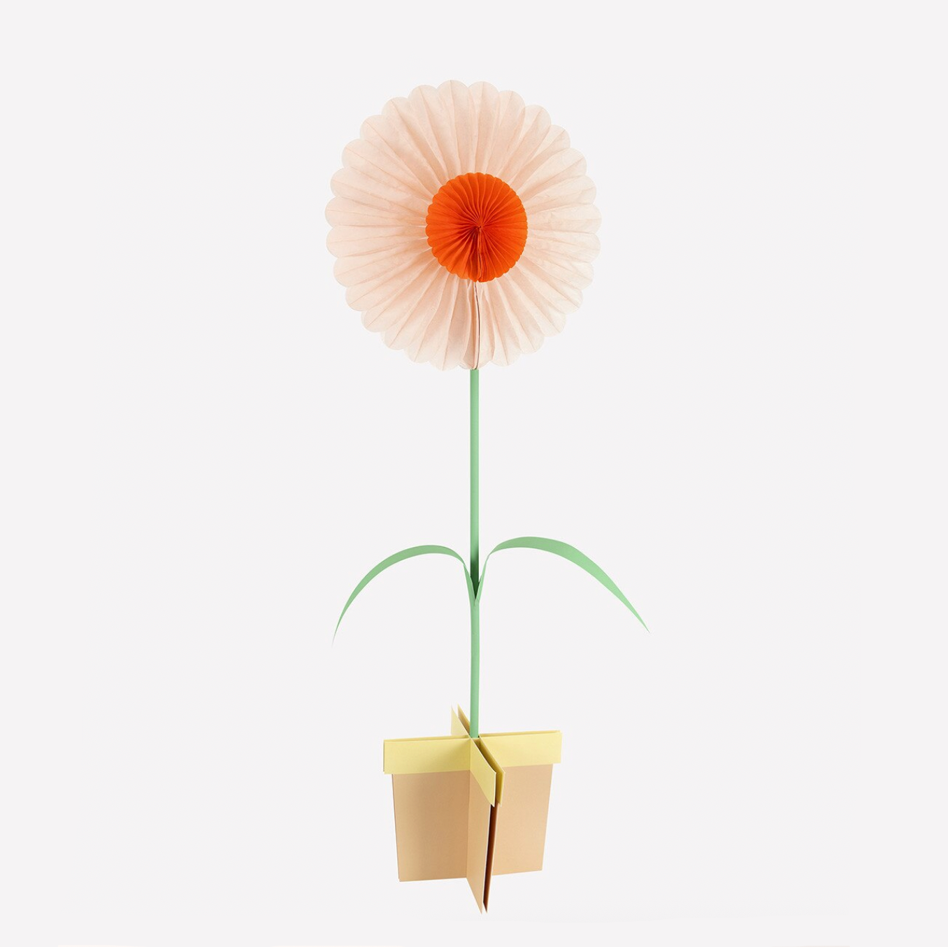 Decorative paper flower with a cardboard pot on a white background
