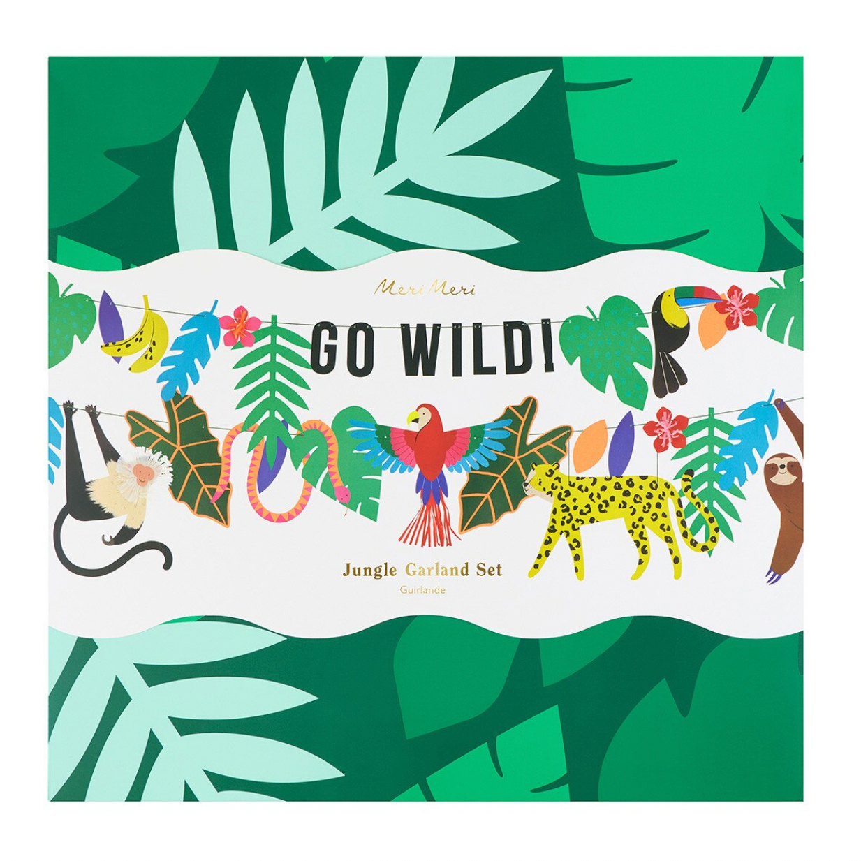 Decorative garland set with jungle animals and plants on a green background