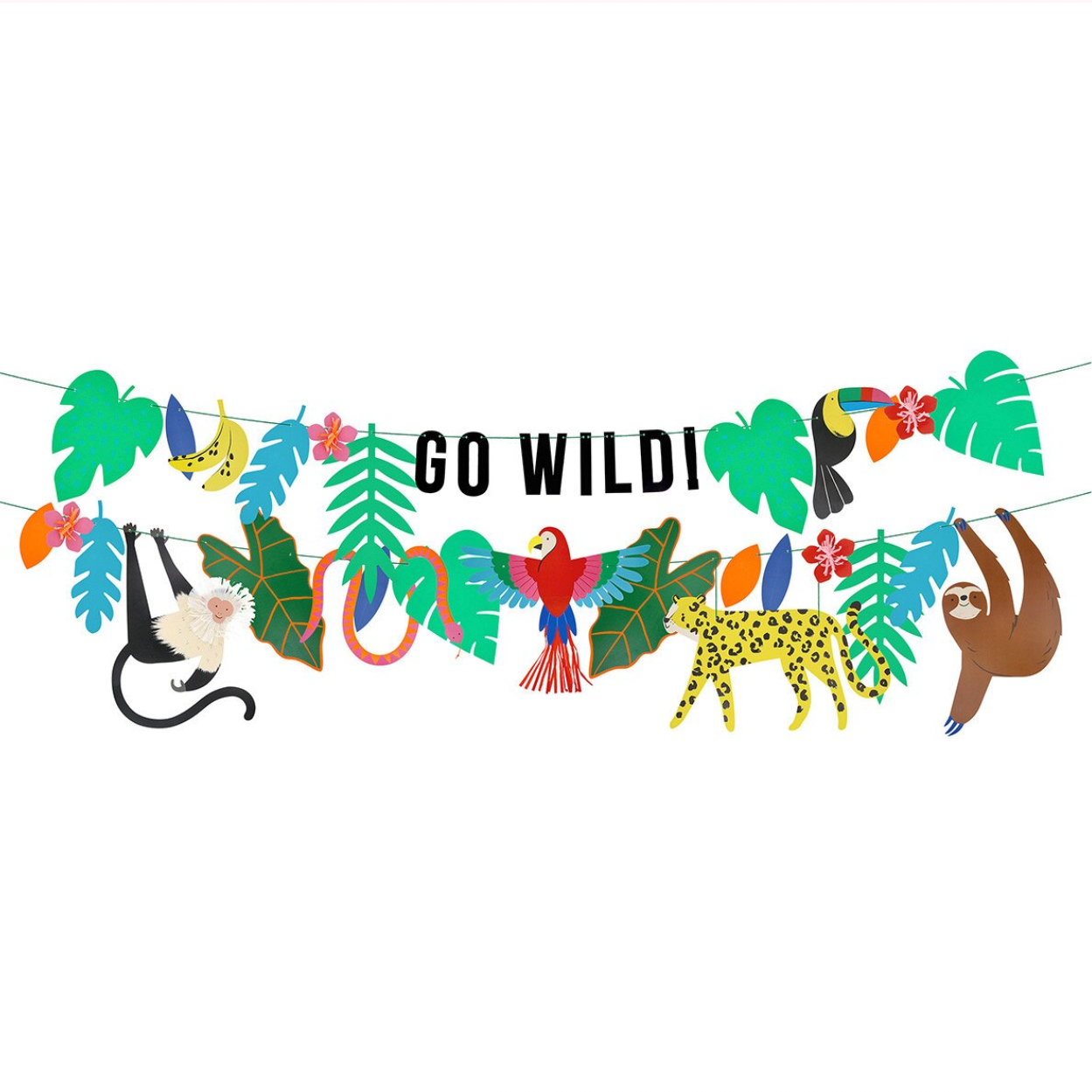 Decorative banner with animals and leaves and 'GO WILDLI' text on a white background