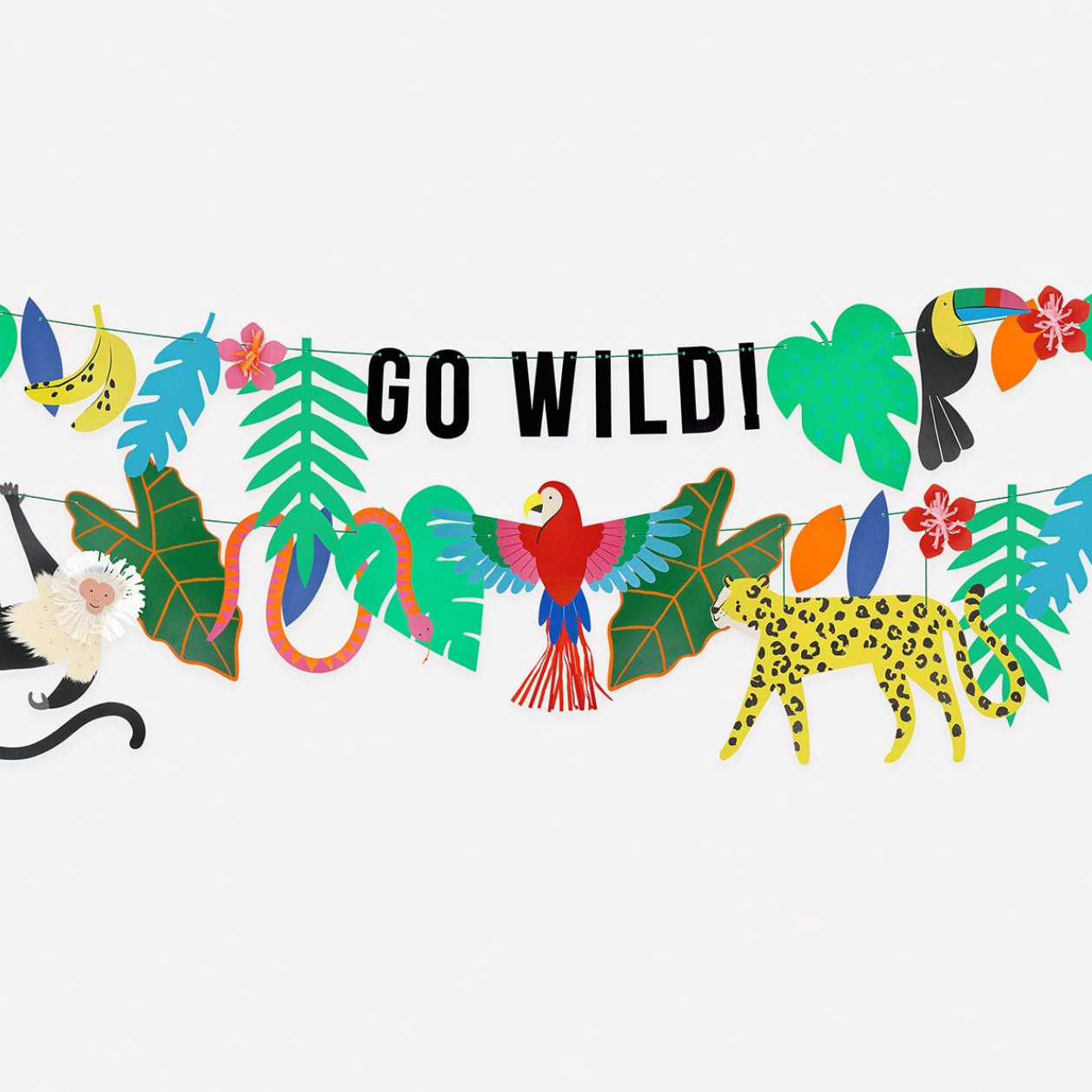 Decorative banner with 'GO WILDLI' text, animals, and plants on a white background