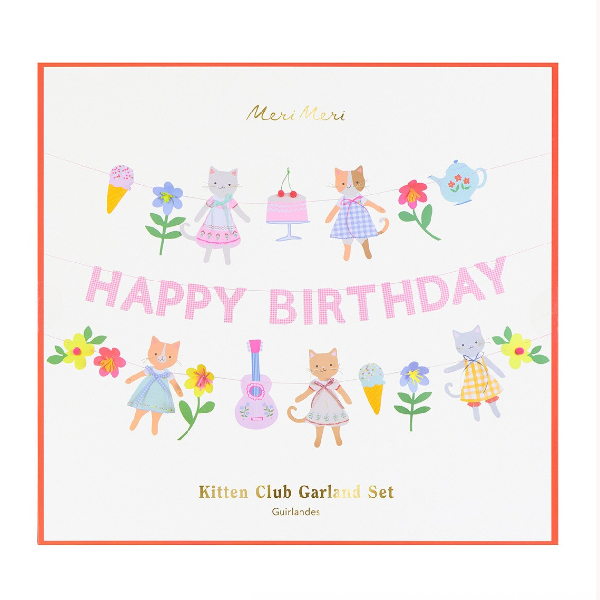 Happy Birthday garand with kitten illustrations and decorative elements on a white background