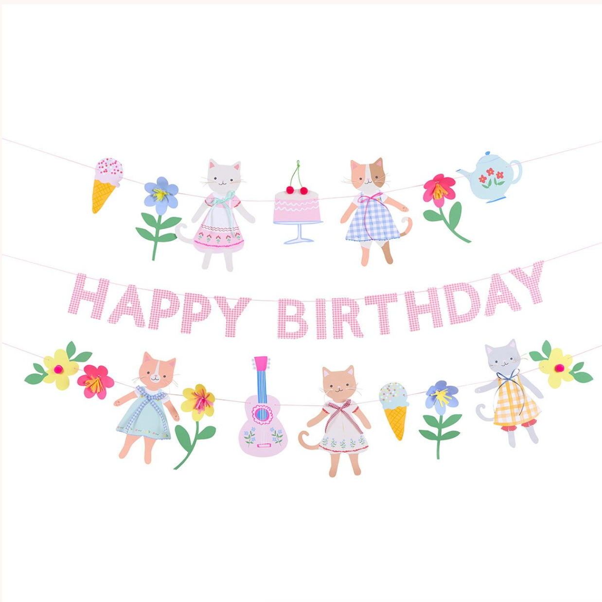 Children's birthday banner with cartoon cats, flowers, and ice cream cones on a white background.