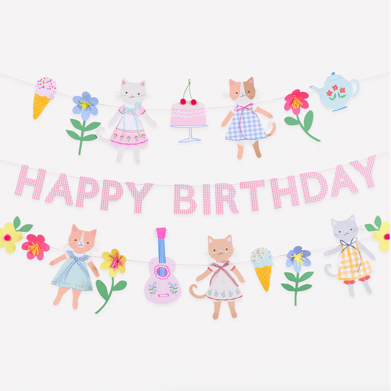 Cartoon-style 'Happy Birthday' banner with cats, flowers, and ice cream cones on a white background.