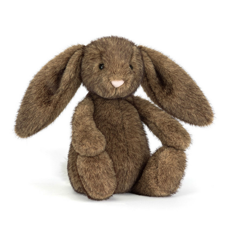 Brown plush bunny toy on a white background