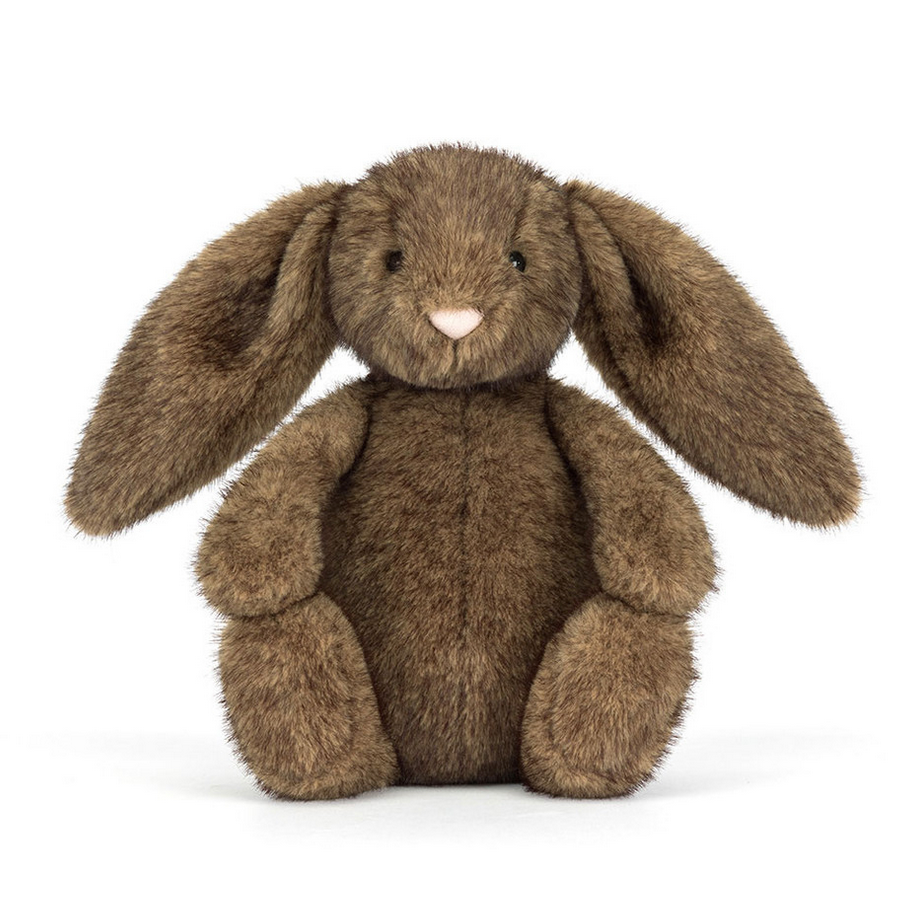 Brown plush bunny toy on a white background