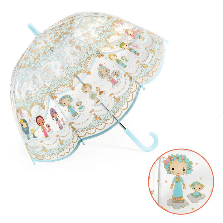 Transparent umbrella with cartoon character design on a white background