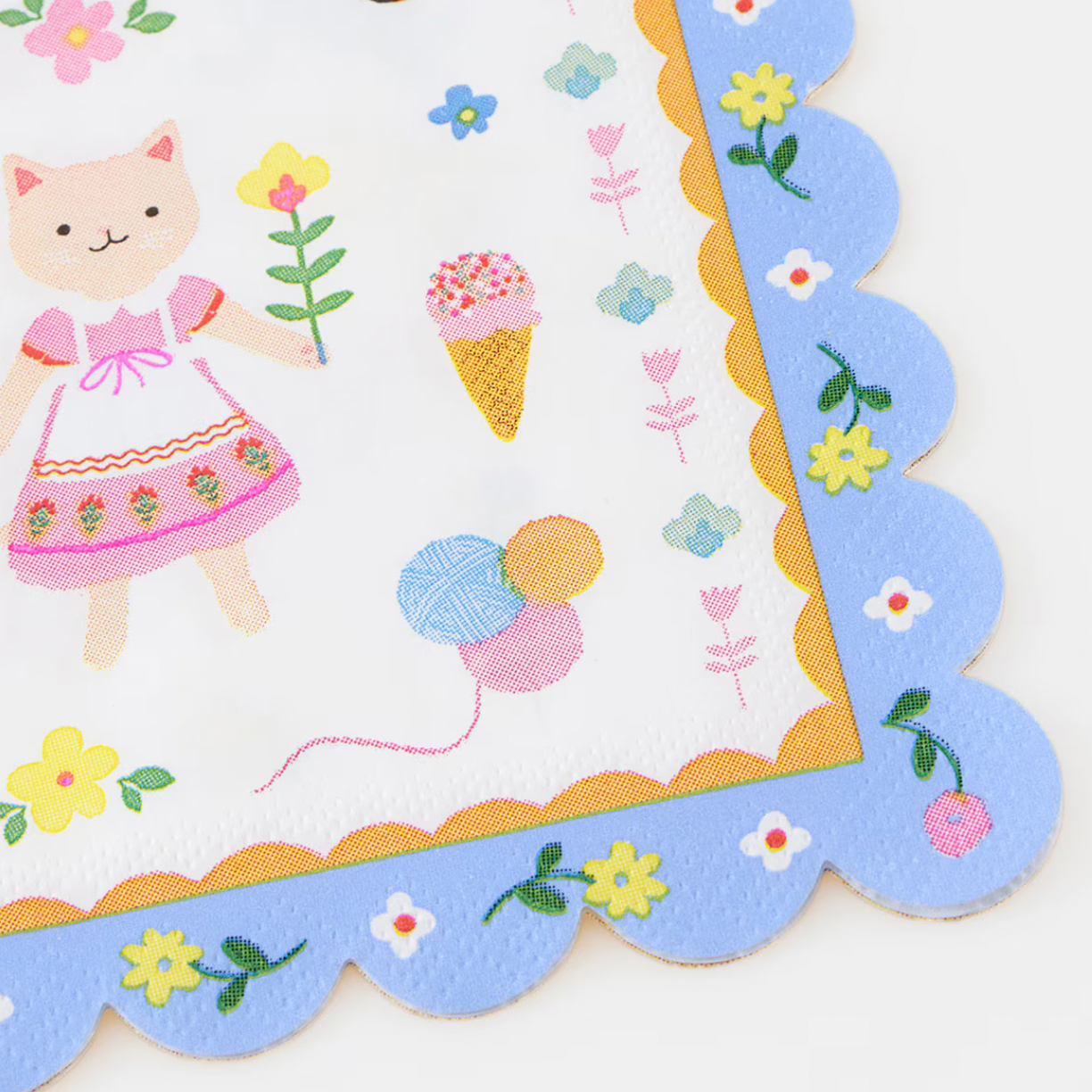 Children's illustration with a cat holding flowers, ice cream, and balloons on a decorative card with floral border.