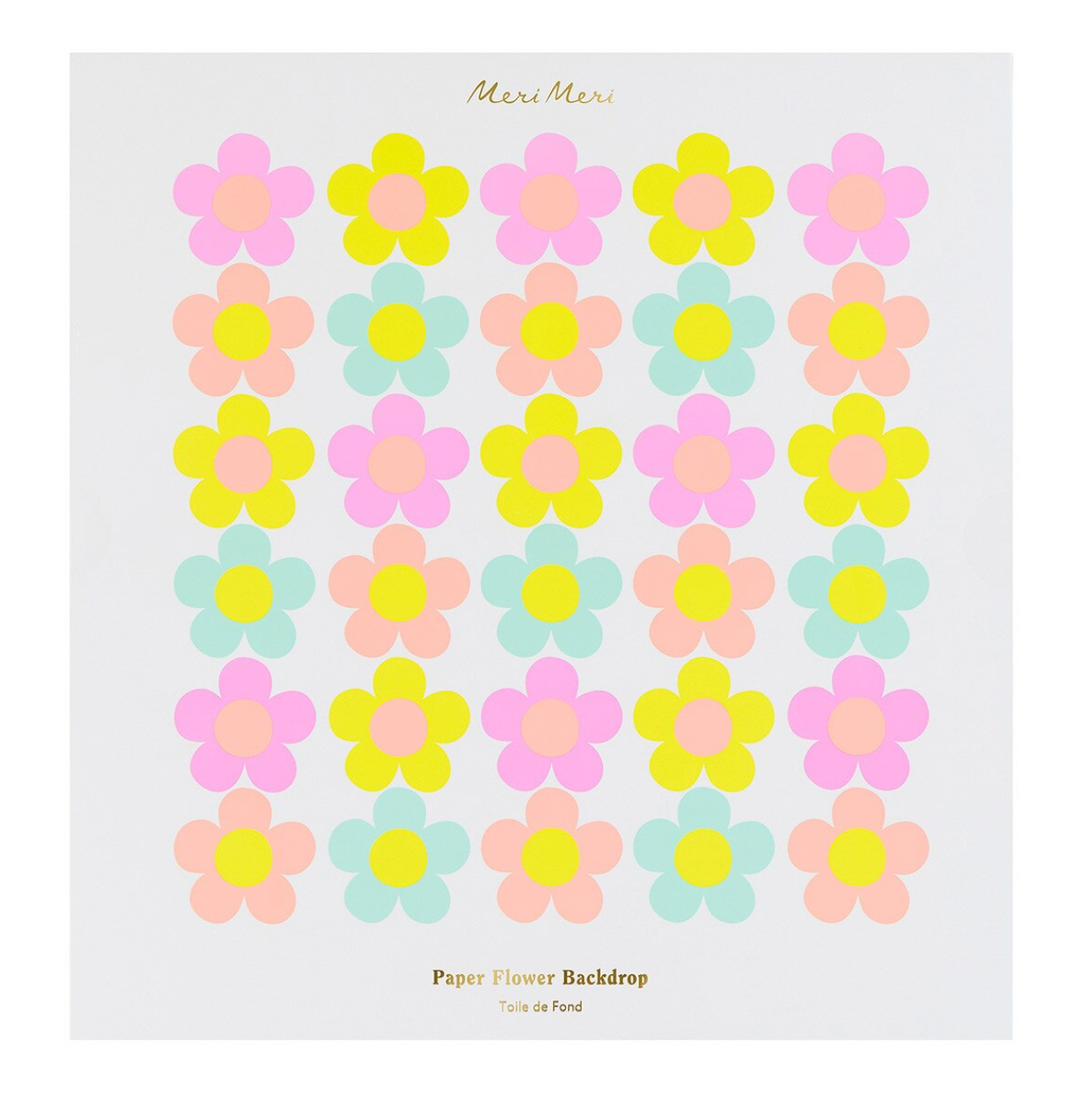 Pastel-colored paper flowers on a white background with 'Meri Meri' branding.
