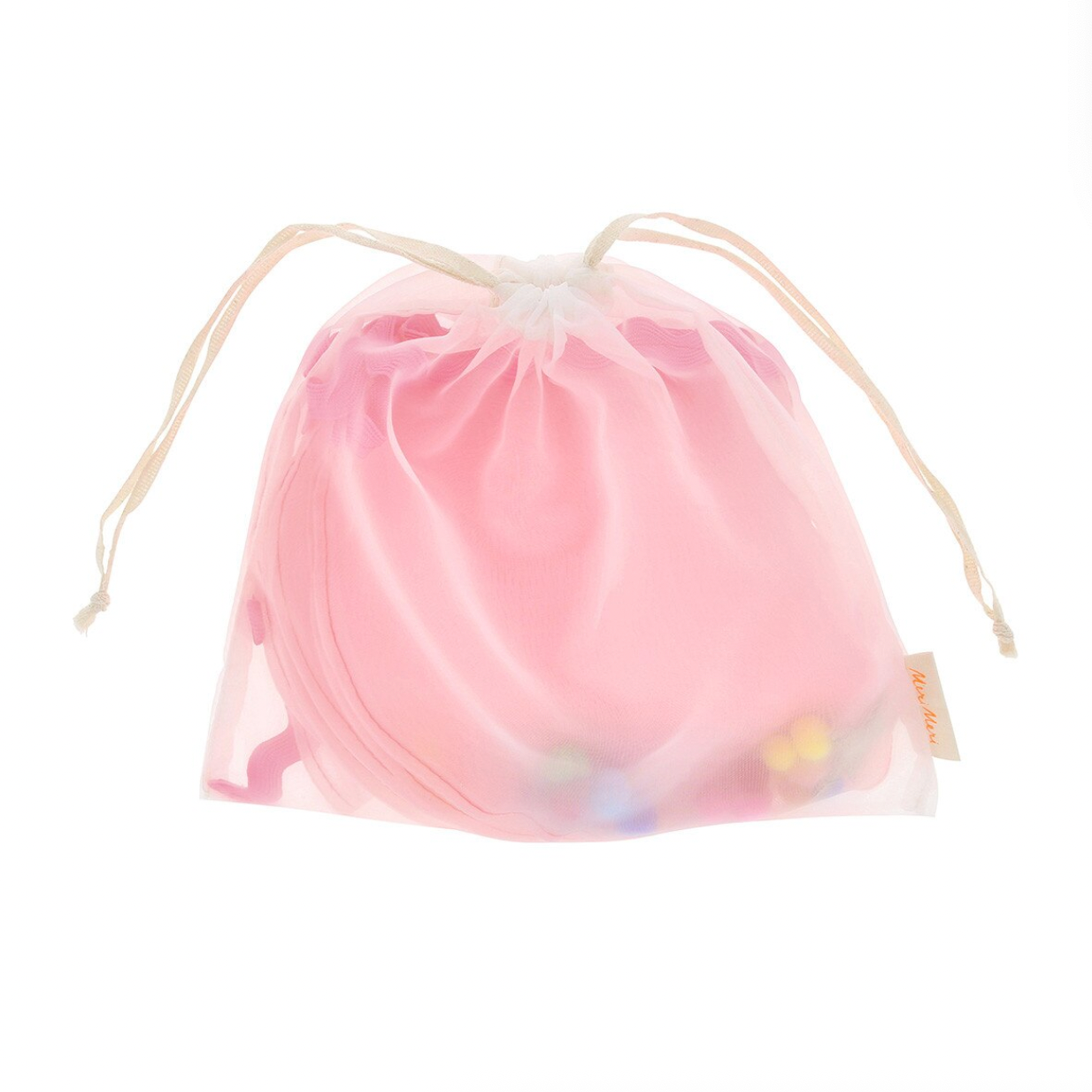 Pink drawstring bag with colorful contents on a white background